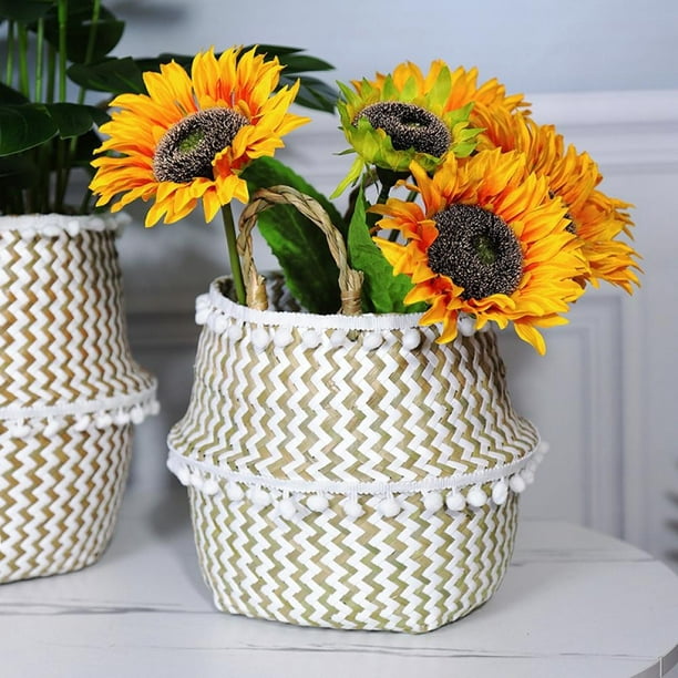 Seagrass Hand-Woven Flower Baskets,Weaving Foldable Nordic Style Big-Bellied Straw Woven Storage Bucket Toy Sundries Clothes Plants Basket for Home Grey S